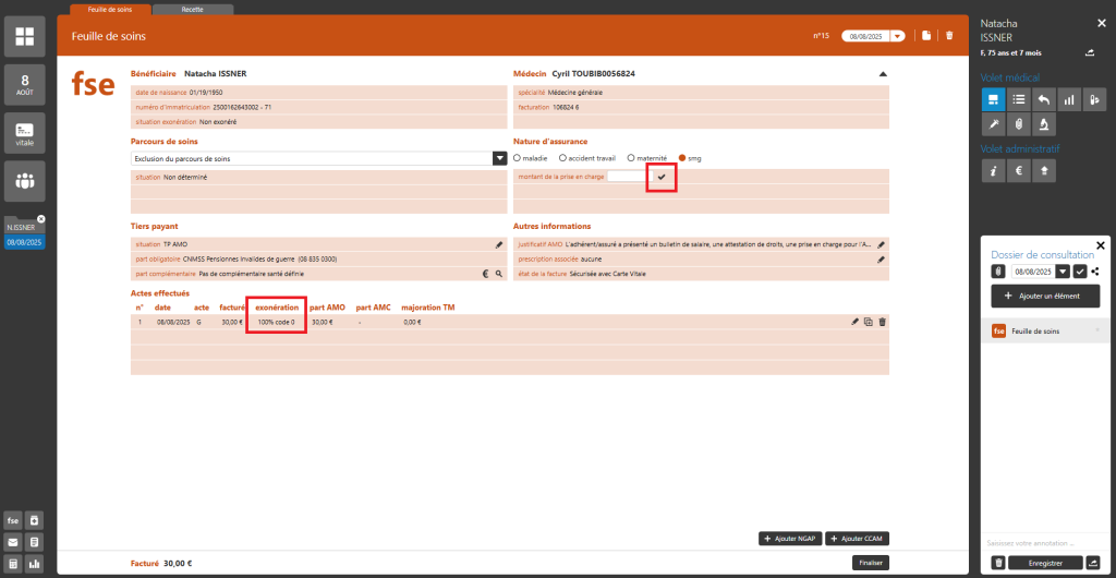 Créer une FSE pour Soins Médicaux Gratuits2