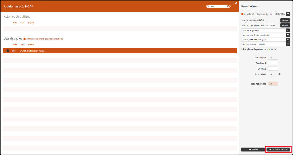 ajouter un acte ngap et valider