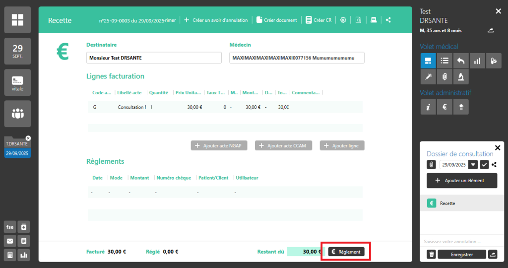 bouton reglement sur recette