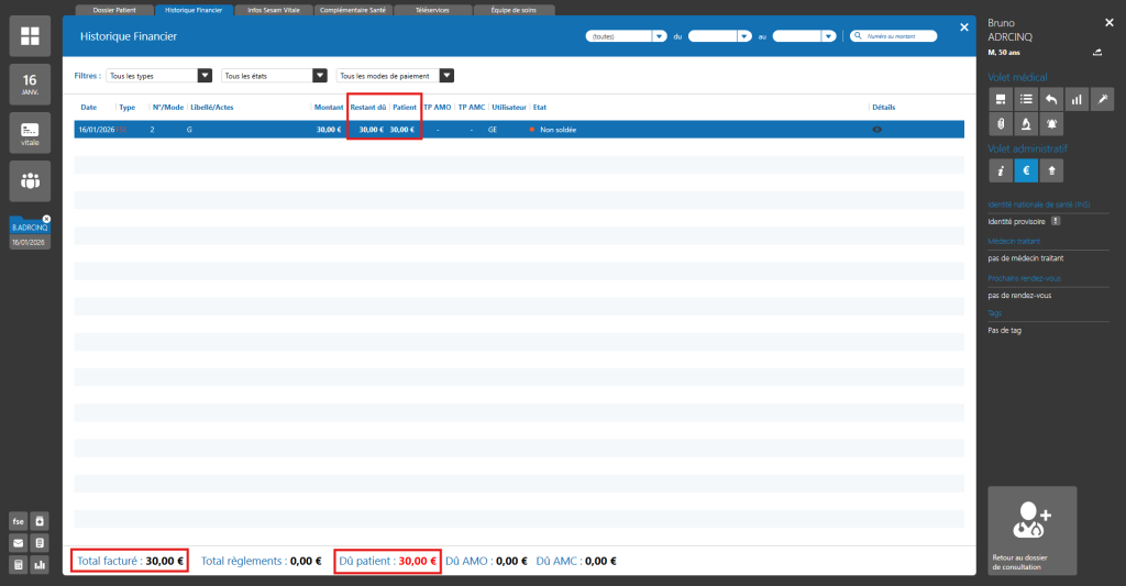 Consulter l’historique financier d’un patient