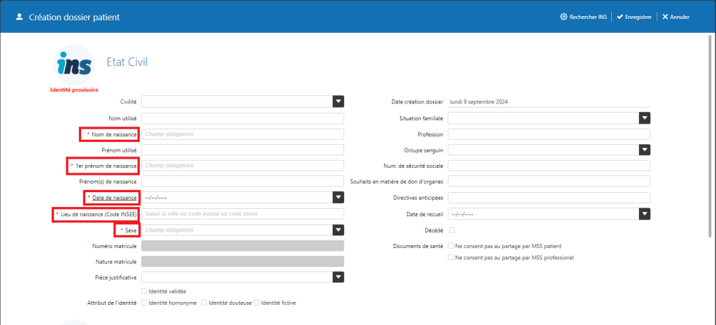 création dossier patient état civil