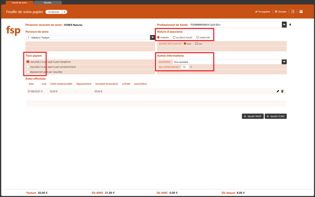 créer une feuille de soin