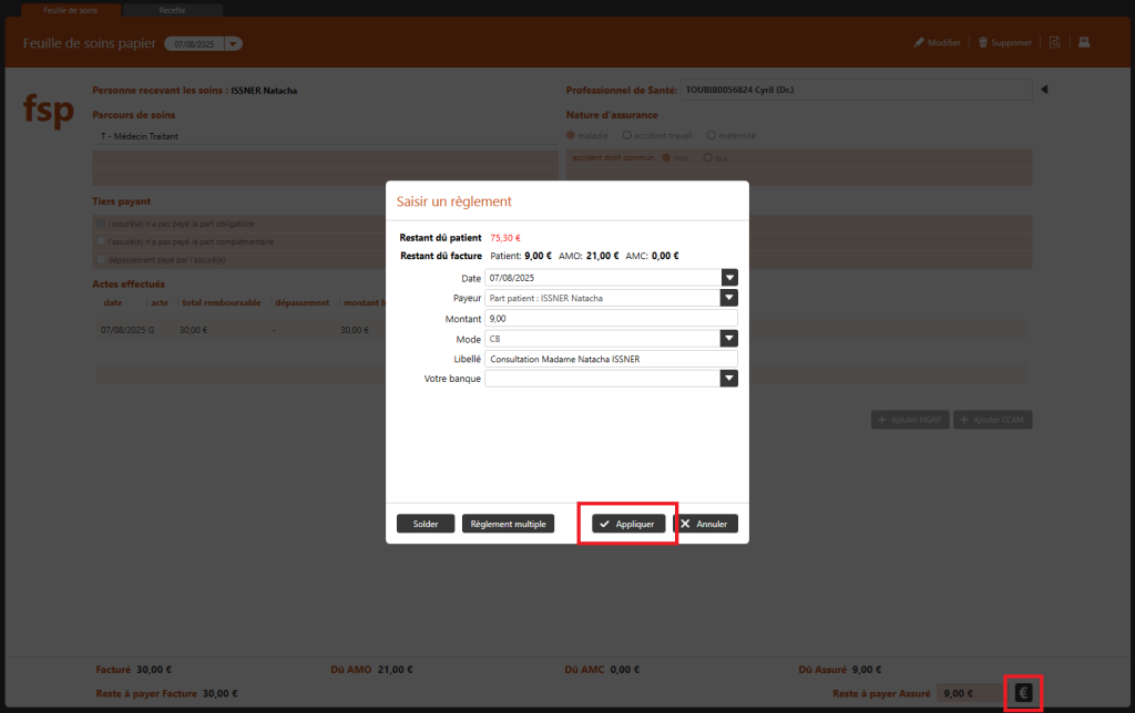 feuille de soins gestion du règlement