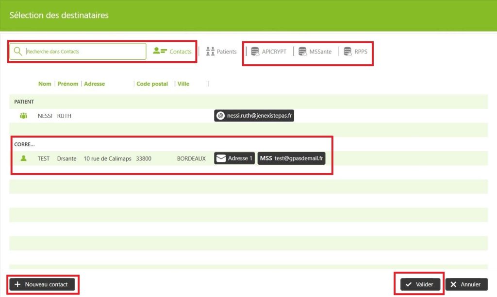 sélection des destinataires