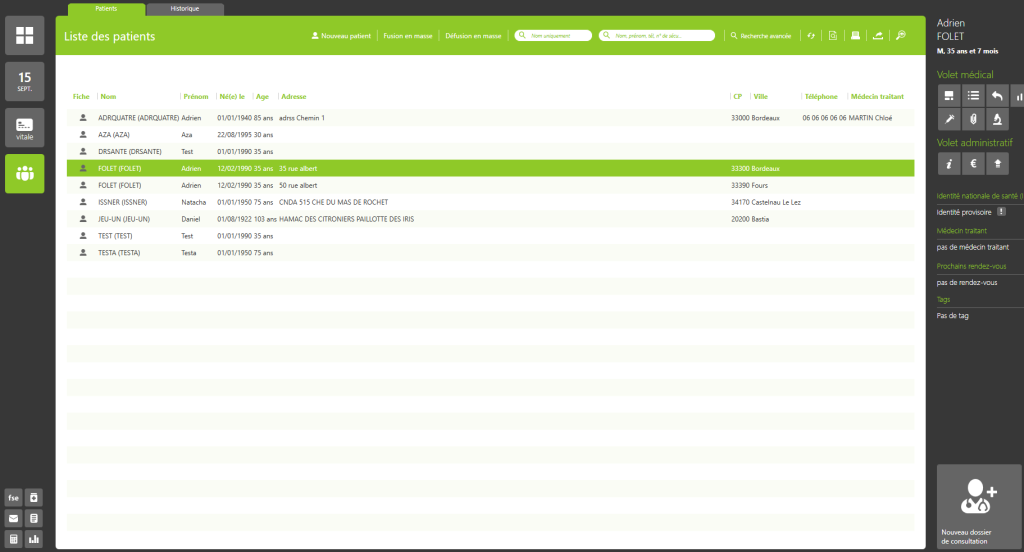 sélection dossier dans liste patients